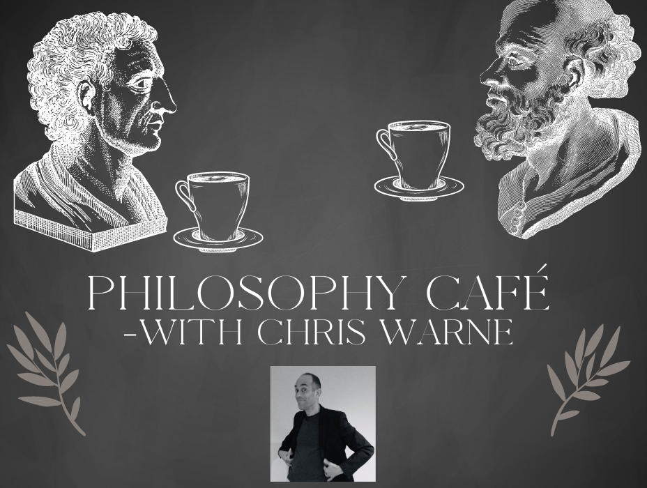 Busts of two philosophers with cups of coffee and picture of Chris Warne the presenter
